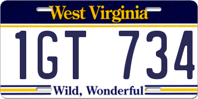 WV license plate 1GT734