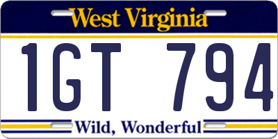WV license plate 1GT794