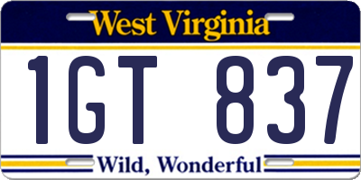 WV license plate 1GT837