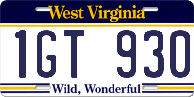 WV license plate 1GT930