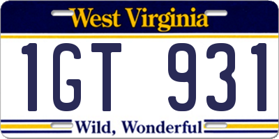 WV license plate 1GT931