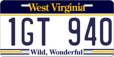 WV license plate 1GT940