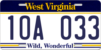 WV license plate 1OA033