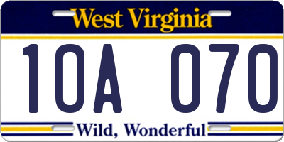 WV license plate 1OA070