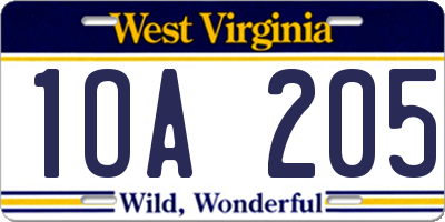WV license plate 1OA205