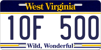WV license plate 1OF500