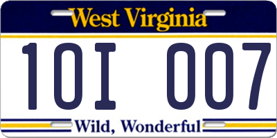 WV license plate 1OI007