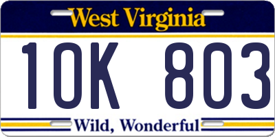 WV license plate 1OK803