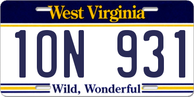 WV license plate 1ON931