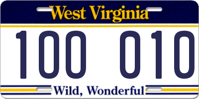 WV license plate 1OO010