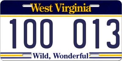 WV license plate 1OO013