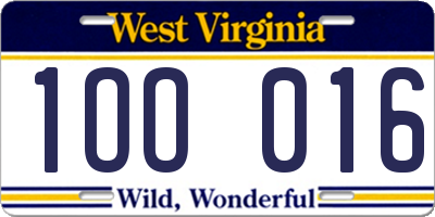 WV license plate 1OO016