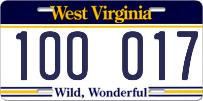 WV license plate 1OO017