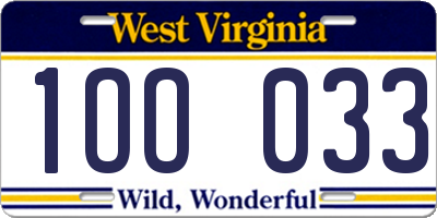WV license plate 1OO033