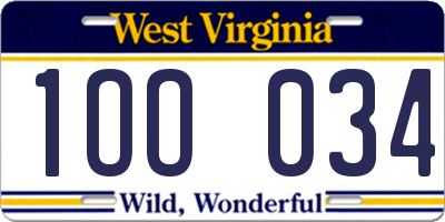 WV license plate 1OO034