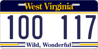 WV license plate 1OO117