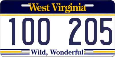 WV license plate 1OO205