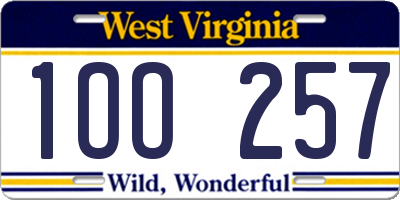 WV license plate 1OO257