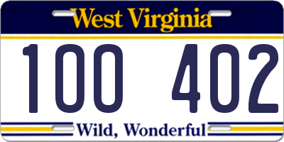 WV license plate 1OO402