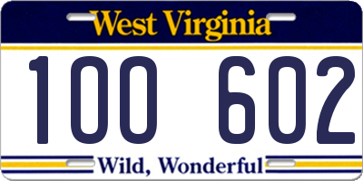 WV license plate 1OO602