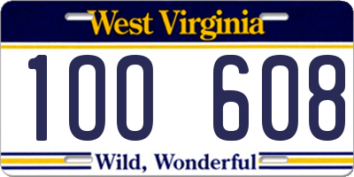WV license plate 1OO608