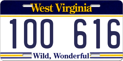 WV license plate 1OO616