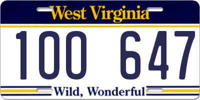 WV license plate 1OO647