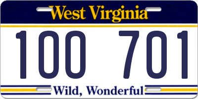 WV license plate 1OO701