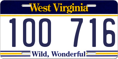 WV license plate 1OO716