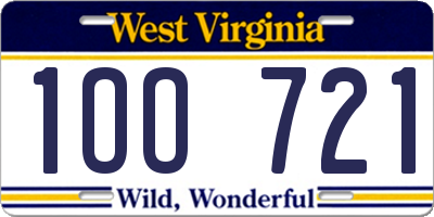 WV license plate 1OO721