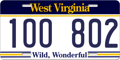 WV license plate 1OO802