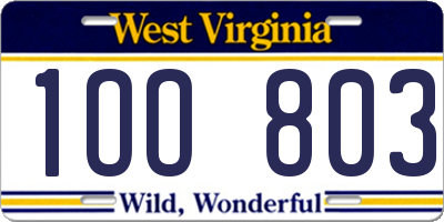 WV license plate 1OO803