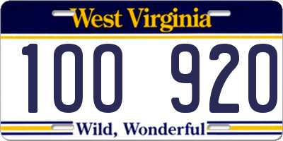 WV license plate 1OO920