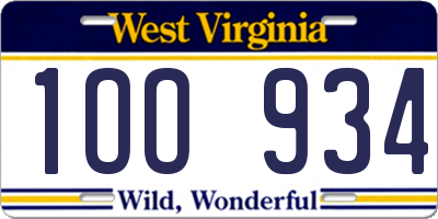 WV license plate 1OO934