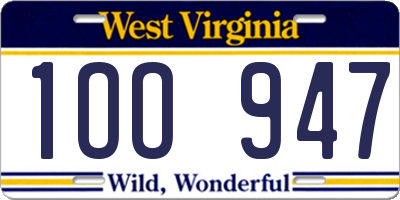 WV license plate 1OO947