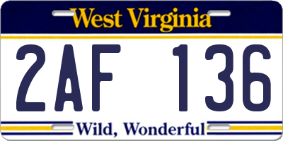WV license plate 2AF136