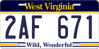 WV license plate 2AF671