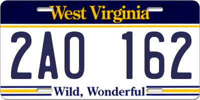 WV license plate 2AO162