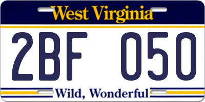 WV license plate 2BF050