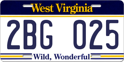 WV license plate 2BG025