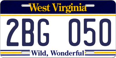 WV license plate 2BG050