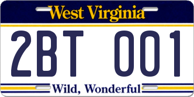 WV license plate 2BT001