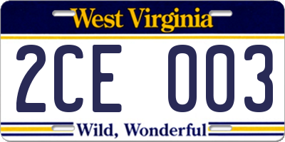 WV license plate 2CE003