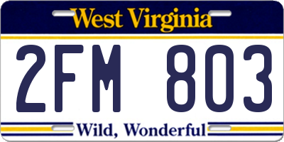 WV license plate 2FM803