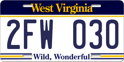 WV license plate 2FW030