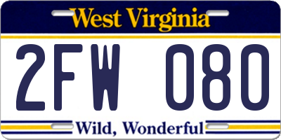 WV license plate 2FW080