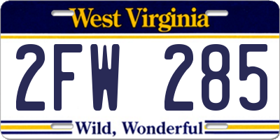 WV license plate 2FW285