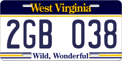 WV license plate 2GB038