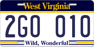WV license plate 2GO010