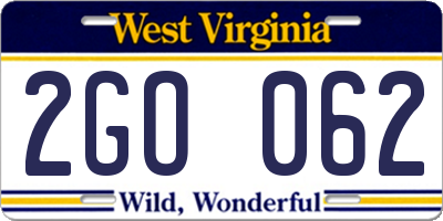 WV license plate 2GO062